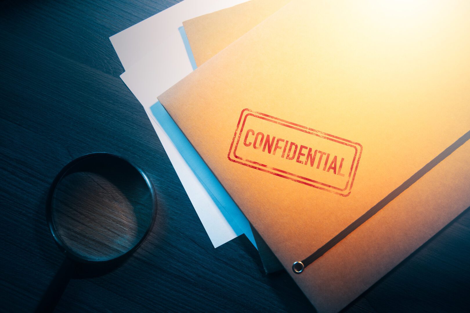 A confidential file sitting on top of a desk.