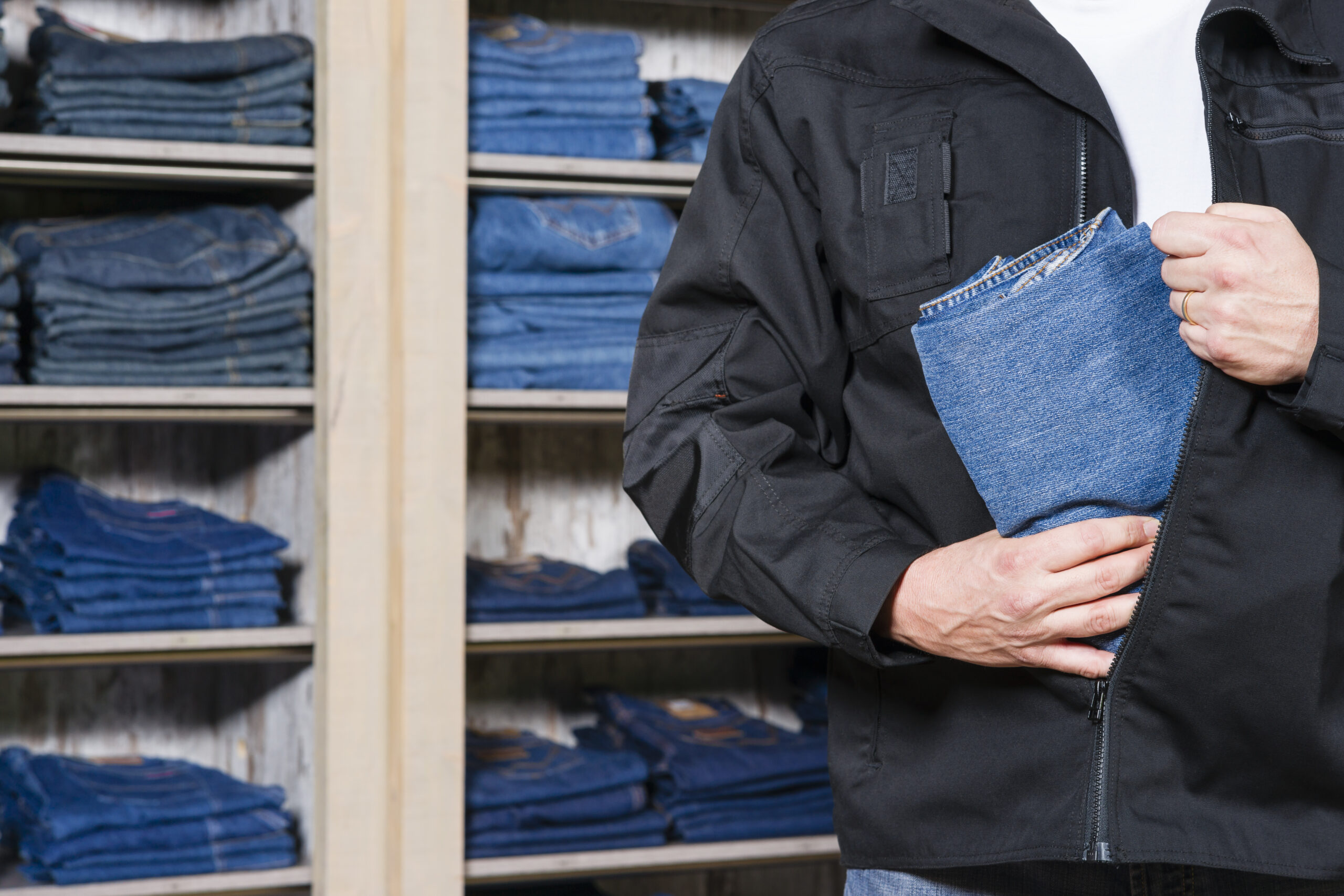 A man holding jeans in front of shelves.
